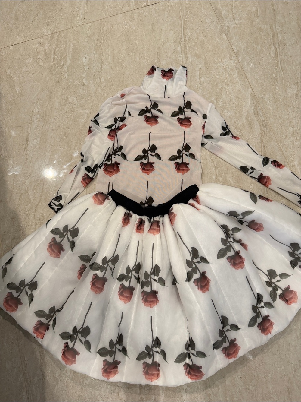 Girls White Rose-Print Tulle Top and skirt with Black Waistband